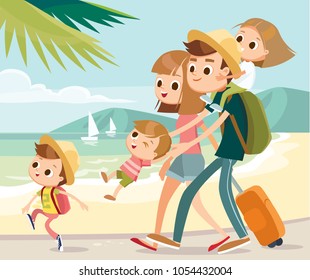 Family on overseas vacation on seashore walking by beach family arrived at tropical resort destination