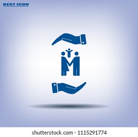 Family on the palm, protection, protection, insurance. Vector icon.