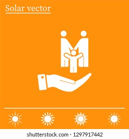 Family on the palm, protection, protection, insurance. Vector icon.