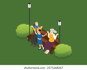 family on a park bench surrounded by greenery and lampposts 3d isometric vector illustration