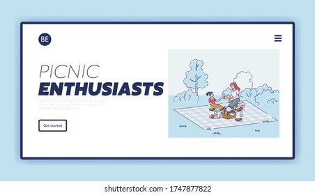 Family on picnic landing page with cartoon mother and daughter together relaxing in park on vacation or weekend. Outdoor activity and recreation concept. Linear vector illustration