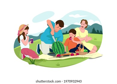 Family On Picnic. Male, female characters, children and adults on a picnic, holding fresh vegetables. 