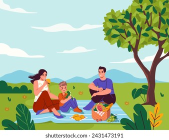 Family on picnic. Man and woman sitting with kid at blue blanket with basket of fruits and croissants. Father and mother with son spending time together outdoor. Cartoon flat vector illustration