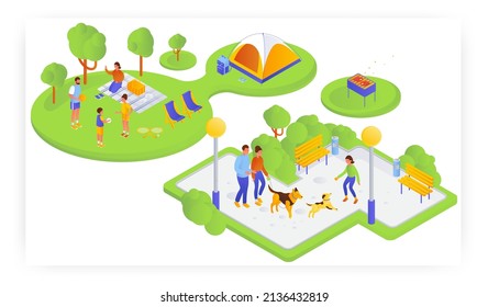 Family On Picnic In Nature, Walking With Dog In The Park, Flat Vector Isometric Illustration. Summer Outdoor Activity.