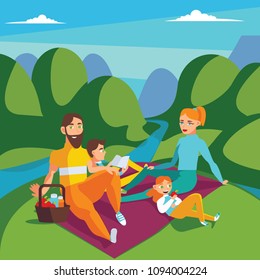 Family on picnic. Summer scene with hills and river, mom, dad, son reading and daughter eating apple. Square vector illustration