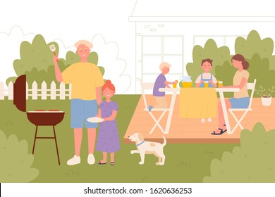 Family on picnic vector illustration. Children and parents resting outside, family members recreating together flat characters. Summertime back yard outdoor leisure, barbecue.