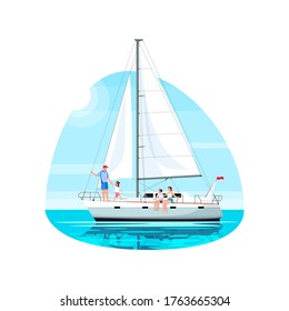 Family on regatta semi flat vector illustration. Man with daughter on boat. Mother with son on ship. Private yacht for voyage. Summer recreation 2D cartoon characters for commercial use