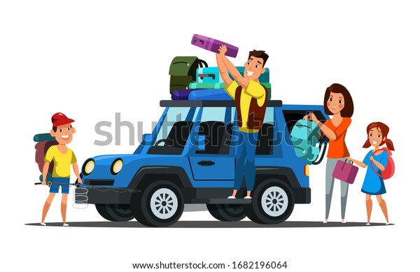 Family on road\
trip flat vector illustration. Children and parents packing car\
cartoon characters. Summer vacation travel. Holiday automobile\
voyage. Recreation and leisure\
concept