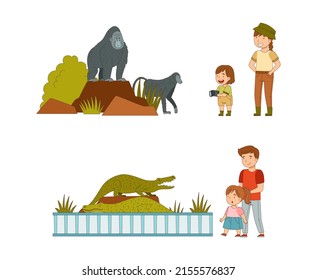 Family on safari tour. Parents and children visiting tropical national park watching gorilla and crocodile cartoon vector illustration