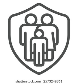 Family on safety emblem line icon, family lawyer concept. Vector graphics. Human group with protection shield sign on white background, outline style icon for mobile or web design