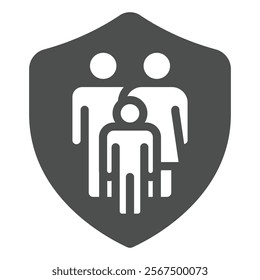 Family on safety emblem solid icon, family lawyer concept. Vector graphics. Human group with protection shield sign on white background, glyph style icon for mobile or web design