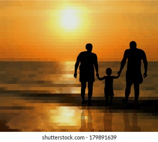 Family on the sea at sunset. Vector 