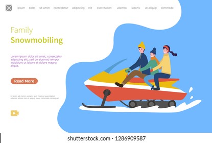 Family on snowmobile, snowmobiling activity web page with text sample vector. Mother father and son, riding winter vehicle, snow splashes under car