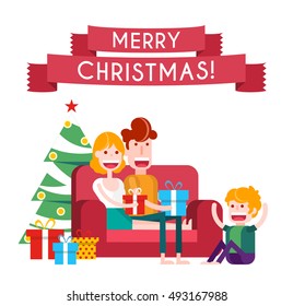 Family on a Sofa in Christmas. Isolated Flat Vector Illustration.