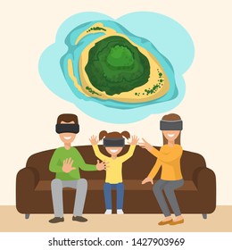 Family on sofa with googles playing virtual 3d reality tropical island simulation game. Digital entertainment vector concept. Innovation play device, vector illustration.