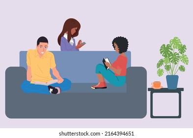 Family on the sofa. People use laptops and smartphones for work and entertainment at home .Vector.