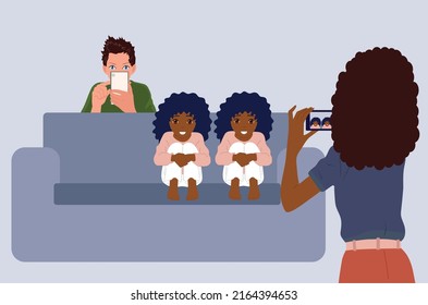 Family on the sofa. People use laptops and smartphones for work and entertainment at home .Vector.