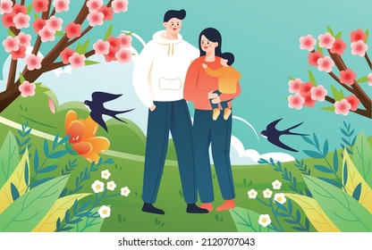 Family On A Spring Tour On The Meadow Outdoors With Peach Blossoms And Plants In The Foreground And Clouds In The Background, Vector Illustration