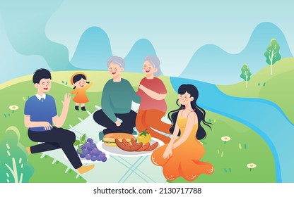 Family on a spring tour in the meadow, spring lawn, vector illustration