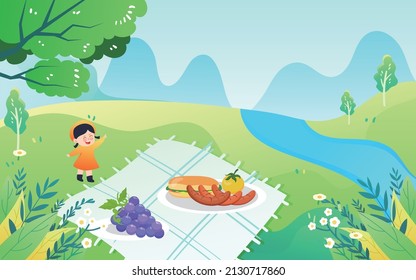 Family on a spring tour in the meadow, spring lawn, vector illustration