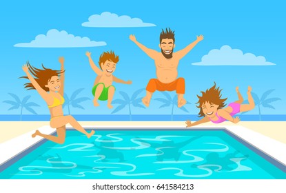 Family on summer beach vacation vector illustration. Man, woman, their children, boy and girl, jumping diving into pool