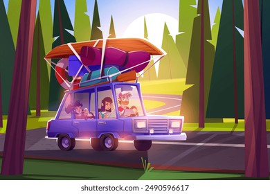 Family on summer car trip in forest on vacation. Winding road journey for holiday with child, father driver and mother. Tourist luggage on transport roof. Man and woman character with baggage concept