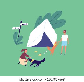 Family on summer outdoor camping vacation. Young couple playing with dogs near a tent. Man and woman relaxing on campsite with pets. Vector illustration in flat cartoon style