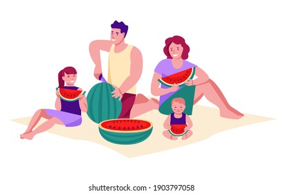 Family on a summer picnic eating watermelon. The concept of family vacation, pastime. Vector illustration in flat cartoon style. Isolated on a white background.