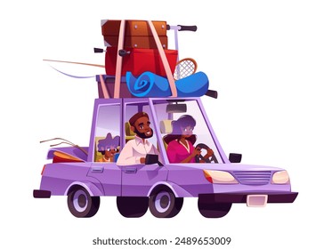 Family on summer travel vacation. Fun car trip cartoon with happy man, child and woman. Vehicle tourism for weekend with father, mother and son character smile. Luggage on transport roof concept