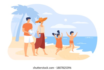 Family on summer vacation concept. Parents couple and kids walking on beach, going to bath in sea water, enjoying leisure. For outdoor activities and summer travel topics