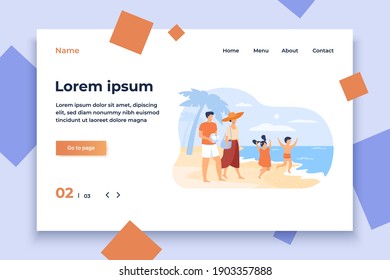 Family on summer vacation concept. Parents couple and kids walking on beach, going to bath in sea water, enjoying leisure. For outdoor activities and summer travel topics