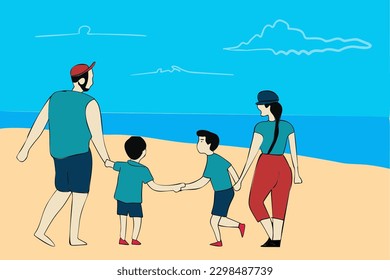 Family on summer vacation concept for outdoor activities and summer travel topics. Parents couple and kids walking on beach, going to bath in sea water leisure