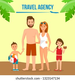 Family on Summer Vacation Social Media Banner. Travel Agency Vector Poster with Text Space. Holidaymakers Cartoon Characters in Swimsuits. Mother, Father with Children on Holidays. Palm Leaf