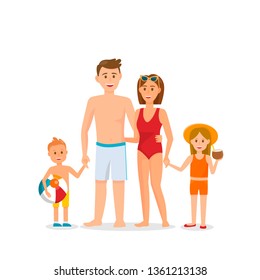 Family on Summer Vacation Vector Illustration. Parents with Children in Swimsuits Flat Drawing. Tourists, Holidaymakers Cartoon Characters. Girl with Coconut Juice, Boy with Beach Ball Clipart