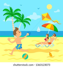 Family on summer vacations vector, kid running on beach holding wind kite in hand. Couple laying in sun sunbathing, umbrella making shade for people