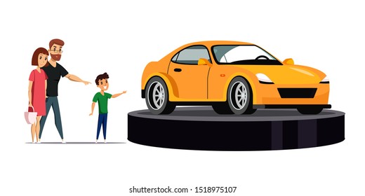 Family on Top car motor show flat vector characters. Mother, father and son isolated clipart on white background. Smiling happy boy pointing with finger on luxury car. Lady holding pink handbag