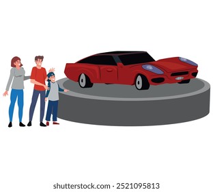 Family on Top car motor show flat vector characters. Mother, father and son isolated clipart on white background. Smiling happy boy pointing with finger on luxury car.