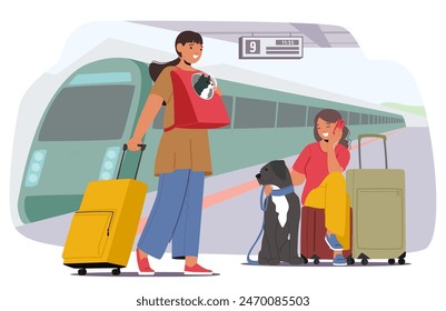 Family On Train Station Platform, Traveling With Pets. Vector Scene Shows A Woman With A Cat In Her Carrier And A Young Girl With A Large Dog, Both Ready To Board. Concept Of Cheerful Travel Adventure