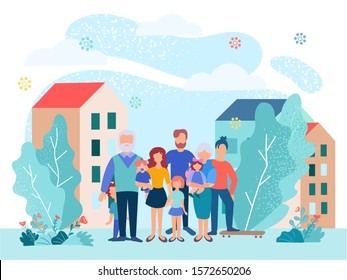 Family  on vacation on the background of the Park and the City. Big happy family concept vector illustration.