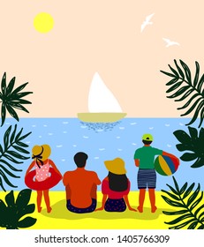 Family on vacation on the beach. Summer vector cute illustration.