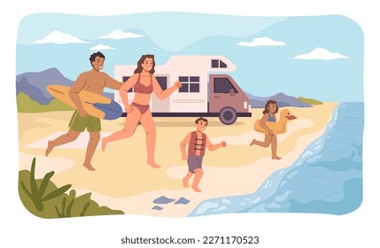 Family on vacation by seaside or coast. Mother and father with surfboard, kids in lifebuoy running into water. Traveling by car, parked RV camper. Vector in flat style