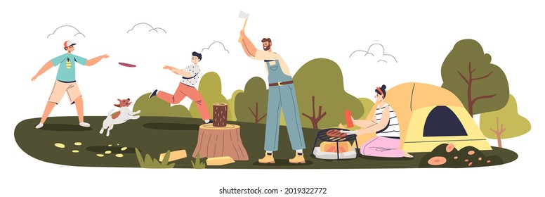 Family on vacation camping and picnic in forest with kids playing with dog, mom cooking dinner on camp fire and dad chopping woods. Active leisure summer concept. Cartoon flat vector illustration