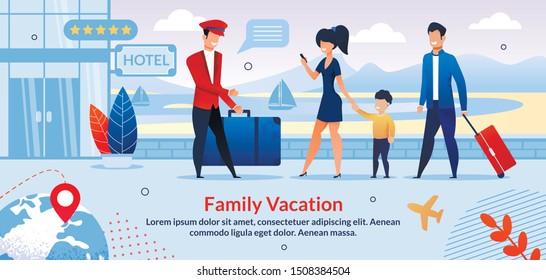 Family on Vacation Check into Hotel at Lobby Flat Poster. Man Doorkeeper Meeting Young Married Couple Helping with Luggage and Suitcases. Parents and Kid Son Standing at Entrance. Vector Illustration
