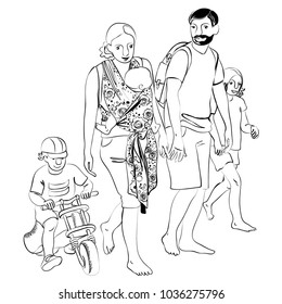 family, family on vacation, children, mom, dad, baby, barefoot, nature, mood, love, couple with children, hugs, happy, smiling, walk in nature, black and white picture