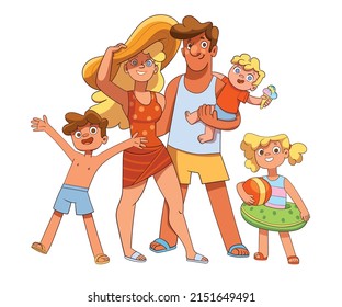 Family on vacation. Colorful cartoon characters. Funny vector illustration. Isolated on white background