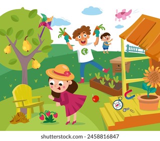 Familia de vacaciones durante el verano. Casa Country, dacha y naturaleza. Ilustración de dibujos animados. Escena para el diseño. Ilustración vectorial. 