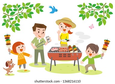 Family on vacation having barbecue