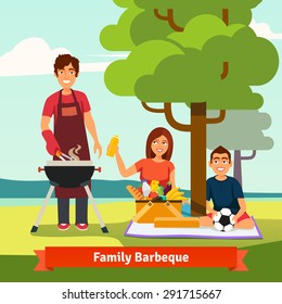 Family on vacation having outdoor bbq. Flat isolated vector illustration.