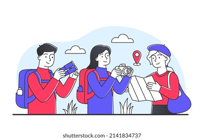 Family on vacation. Man and girl on hike, tourists with map make up route. Adventure and travel, active lifestyle and love for nature, weekends and leisure, hobbies. Cartoon flat vector illustration