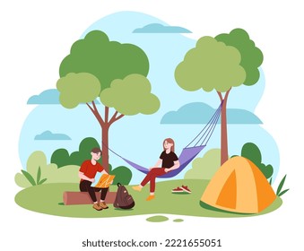 Family on vacation. Man with map and woman on hammock relaxing in nature. Hiking and active lifestyle concept. Hobby and leisure. Travel, tourism and adventure. Cartoon flat vector illustration